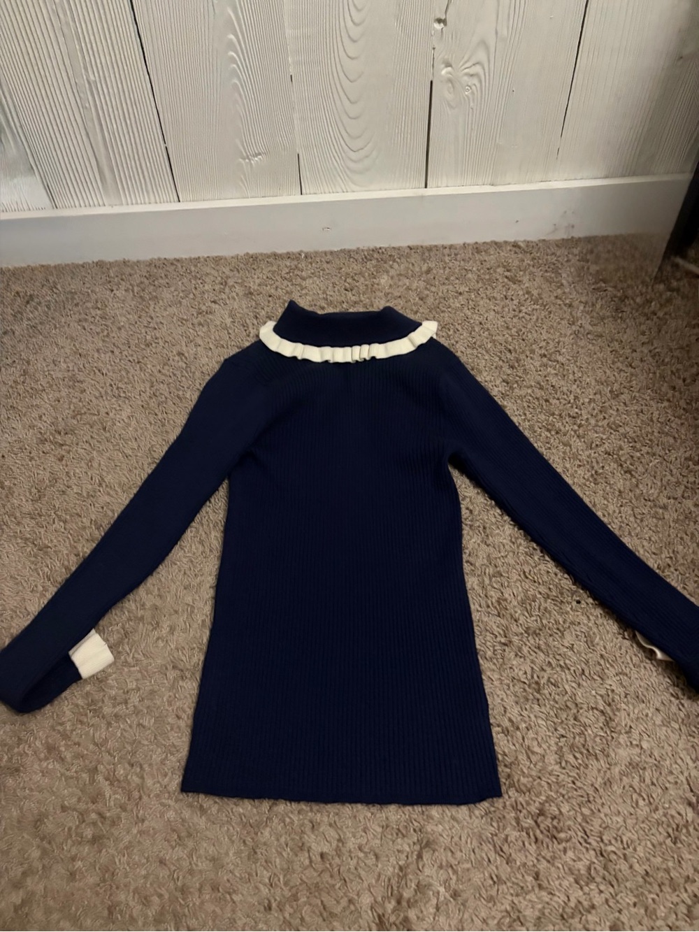 LOFT Navy Blue Ruffle Trim Knit Polo Sweater Small - Picture 4 of 10